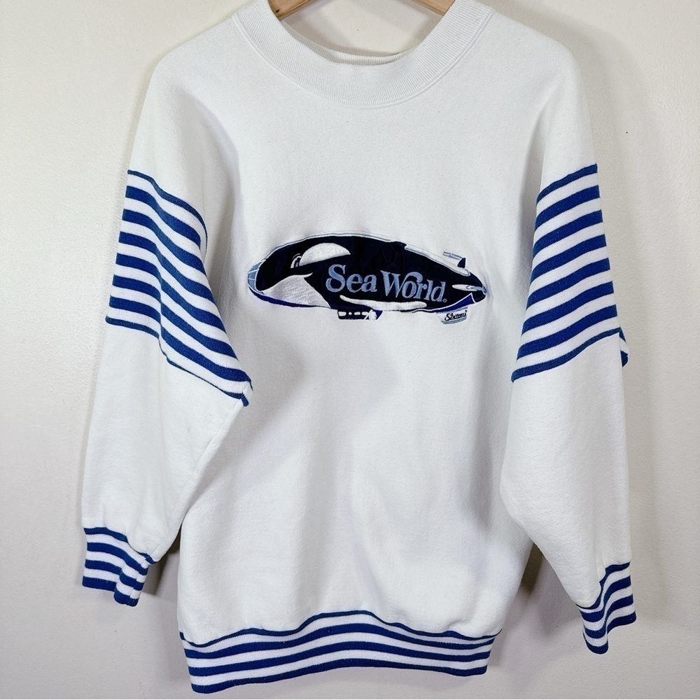 Jostens White Blue Striped Sea World Crew Neck Sweatshirt - Picture 4 of 16